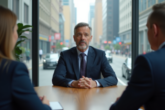 Homme d'affaires en costume navy lors d'une réunion en ville