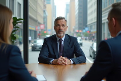 Homme d'affaires en costume navy lors d'une réunion en ville