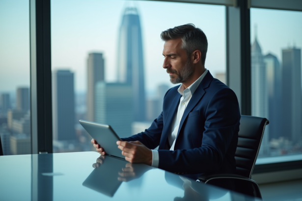 Homme d'affaires en costume bleu analysant des graphiques sur une tablette
