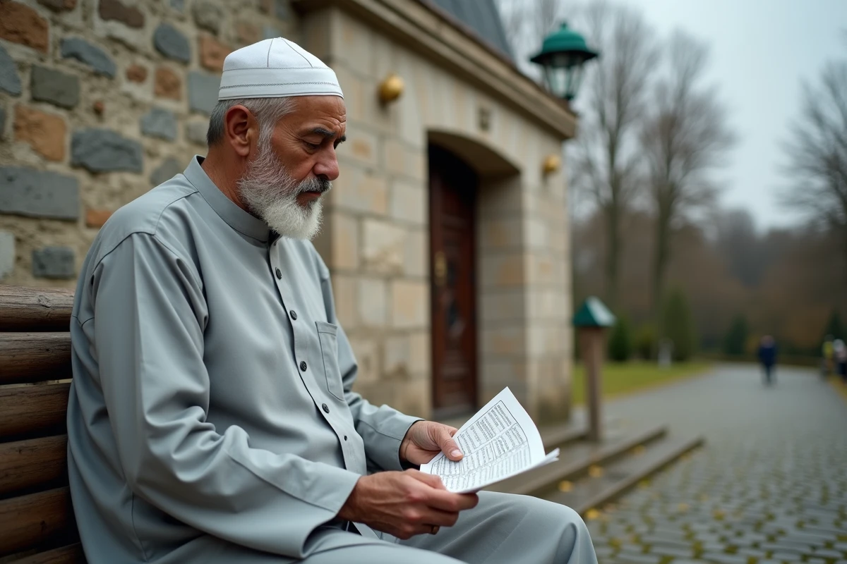 Homme âgé lisant les horaires de prières devant une mosquée à Douai en automne