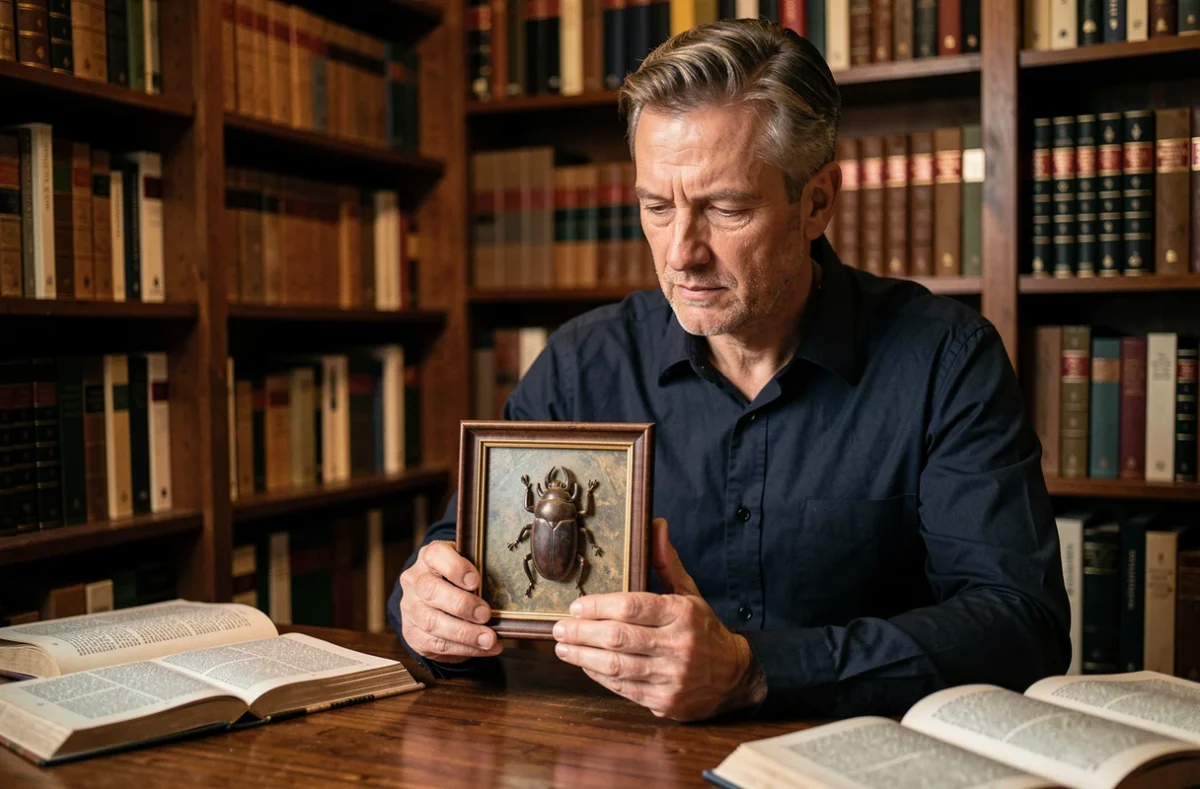 Homme tenant une amulette scarabée égyptienne antique dans une bibliothèque, exploration du symbolisme des rêves