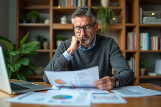 Homme d'âge moyen examinant des documents financiers dans un bureau