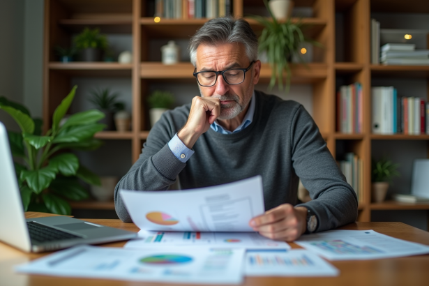 Homme d'âge moyen examinant des documents financiers dans un bureau