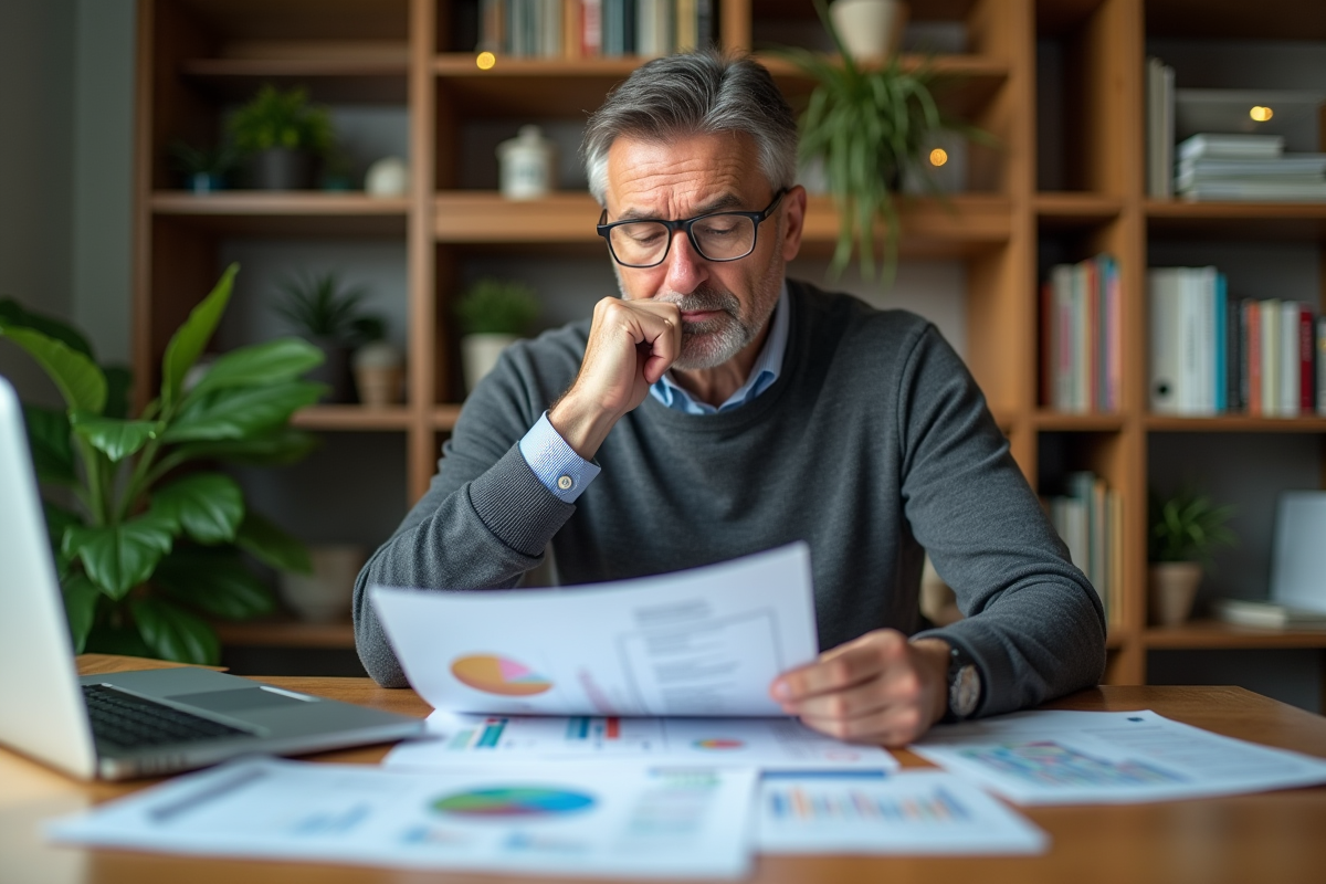 Homme d'âge moyen examinant des documents financiers dans un bureau