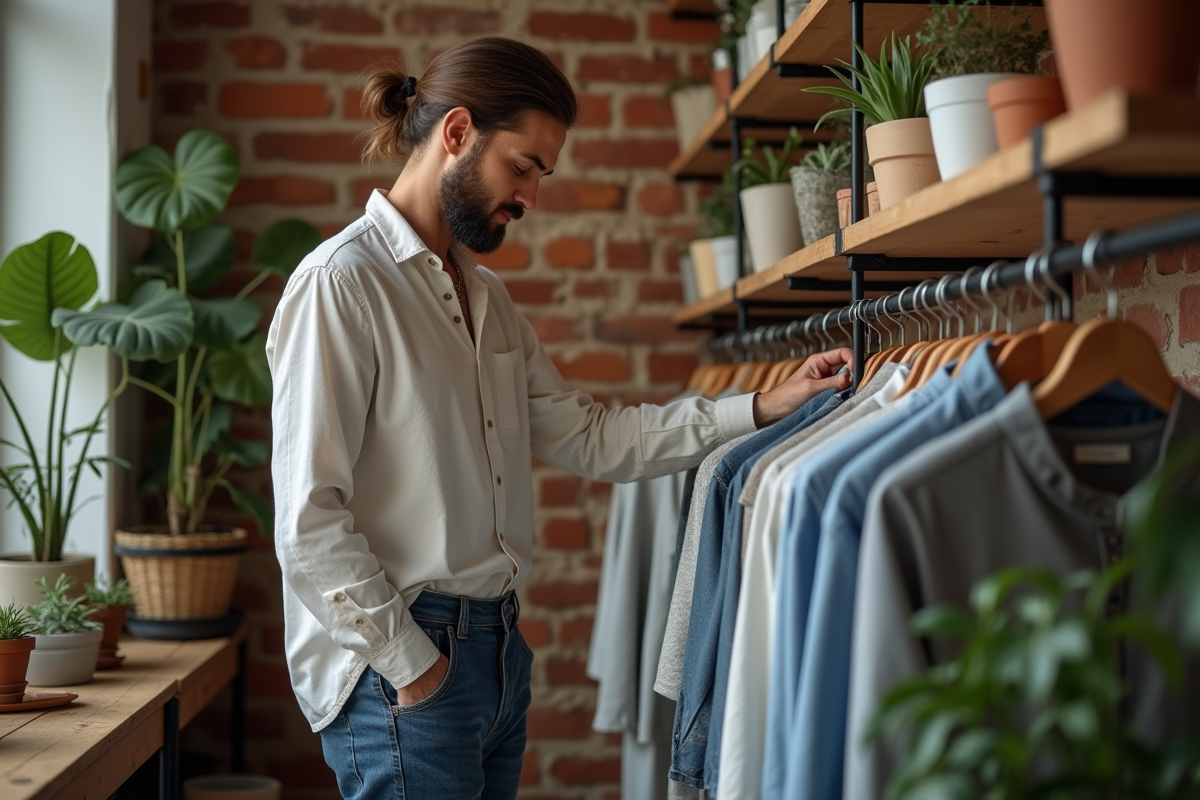 Homme dans une boutique de vêtements bio examinant un rayon