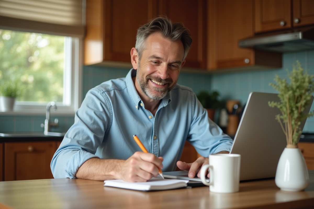 Homme concentré écrivant dans une cuisine lumineuse