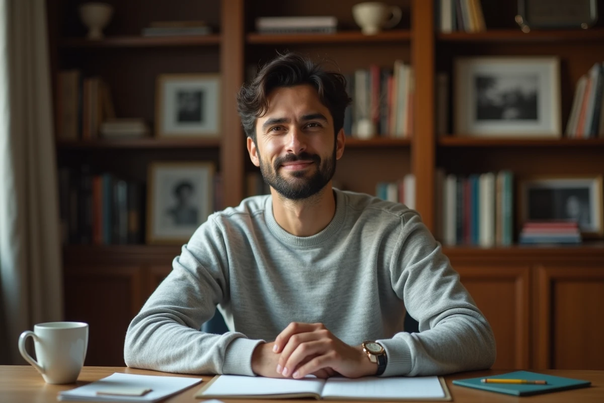 Homme assis à son bureau dans un bureau à domicile chaleureux entouré de livres, évoquant l'univers personnel et intellectuel de David Doukhan