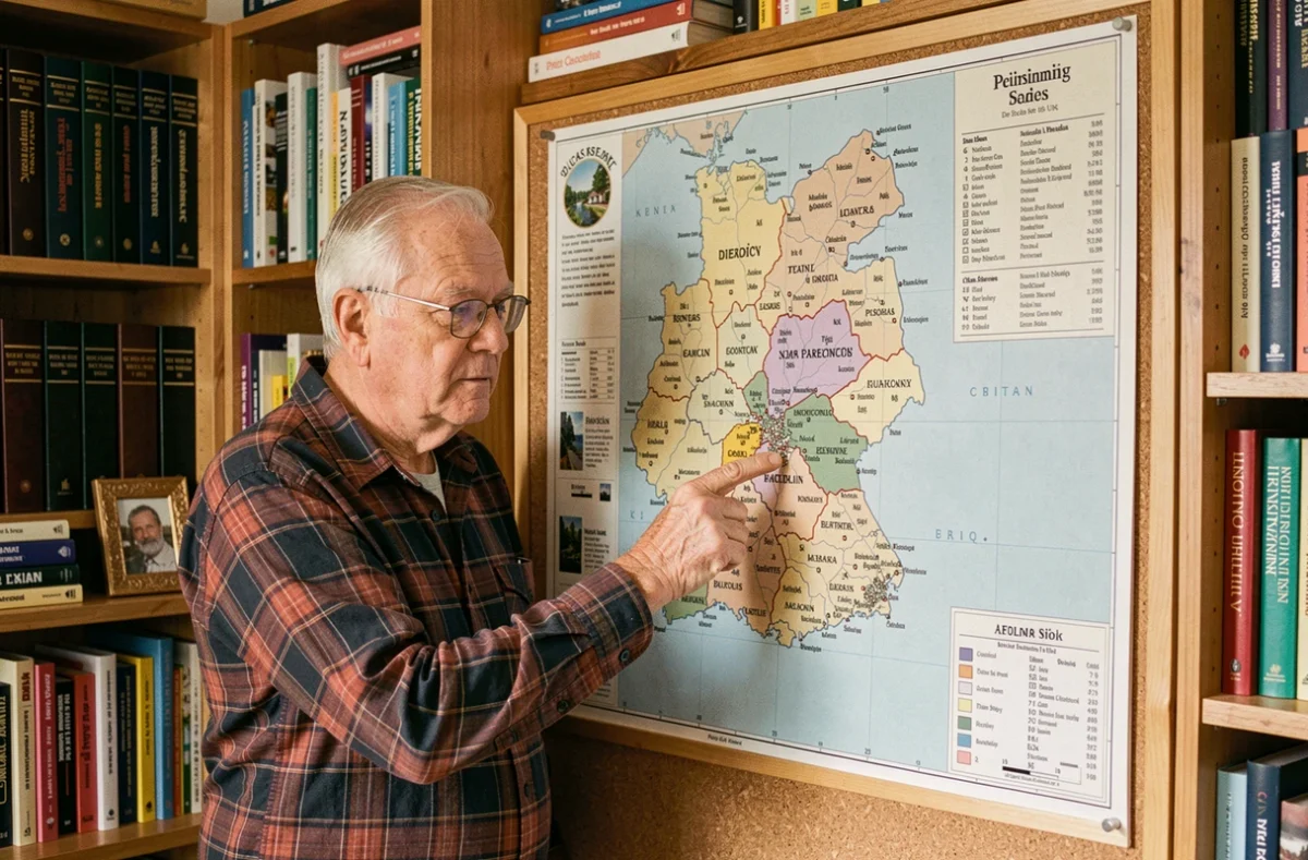 Homme âgé étudiant une carte de Belgique avec des noms de villes pour aider à résoudre des mots croisés