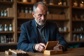 Homme d'âge moyen examinant une boîte de cigares dans une boutique