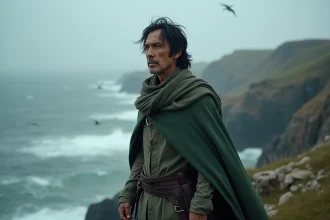 Homme mature regardant la mer orageuse avec cape verte