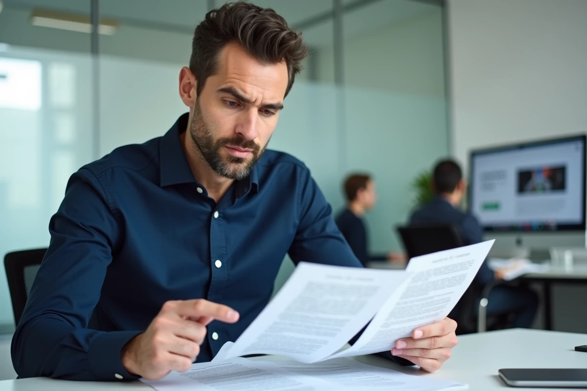 Homme comparant deux contrats d'abonnement dans un bureau moderne avec regard sceptique