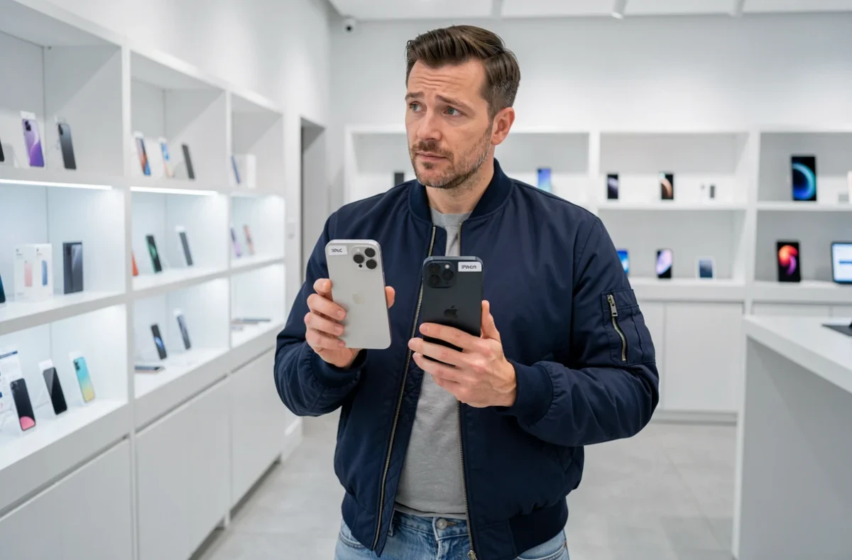 Homme comparant deux iPhone 15 reconditionnés de capacités différentes dans une boutique de téléphonie