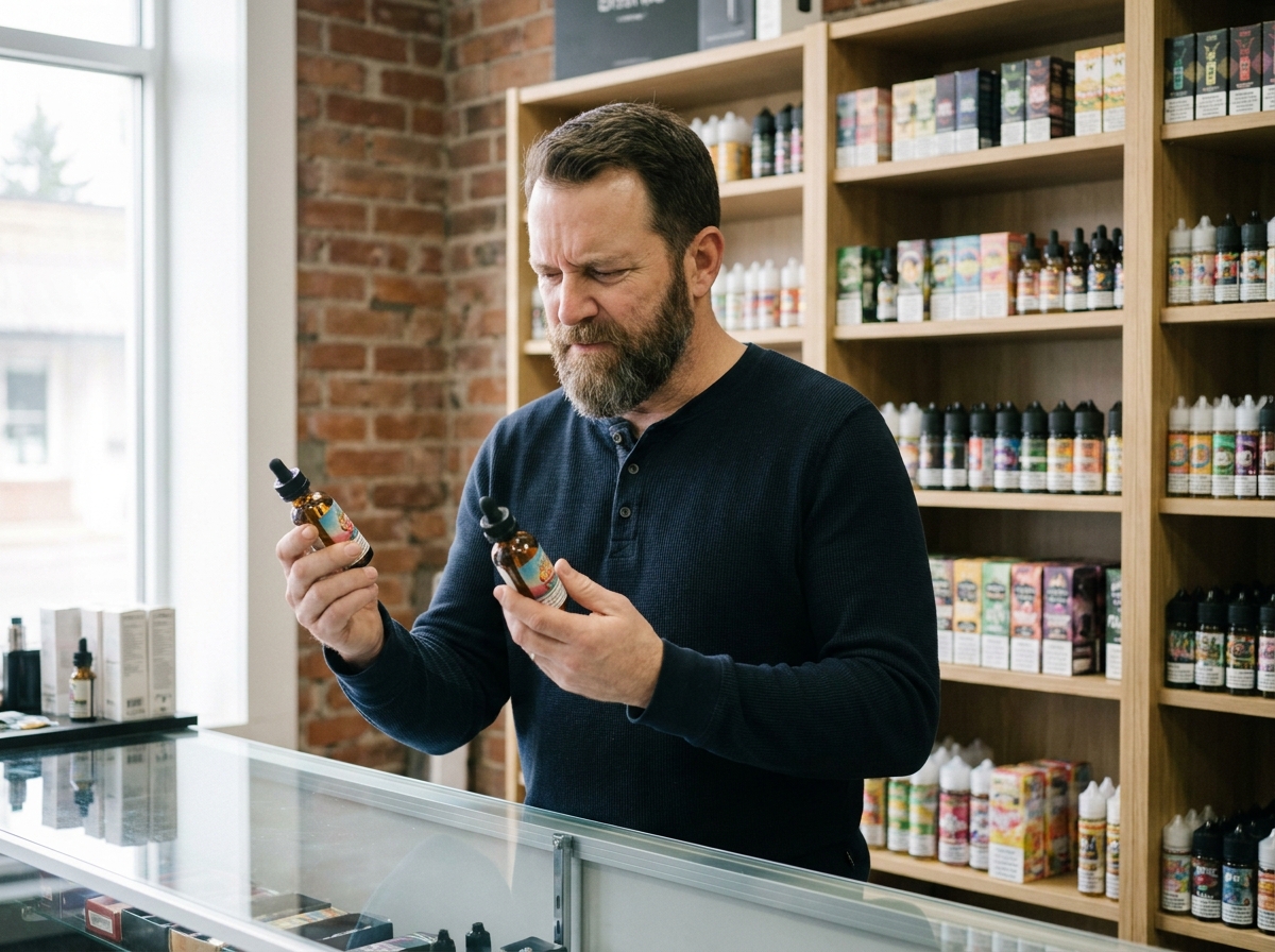 Homme comparant deux flacons d'e-liquide dans une boutique de vape spécialisée
