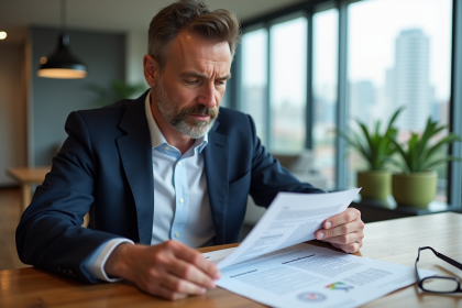 Homme d'âge moyen examinant un document de prêt immobilier