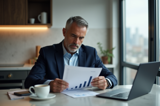 Homme d'affaires lisant un graphique de taux hypothécaires dans une cuisine moderne
