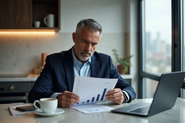 Homme d'affaires lisant un graphique de taux hypothécaires dans une cuisine moderne