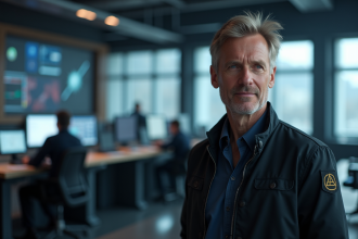 Homme confiant dans une salle de contrôle spatiale moderne