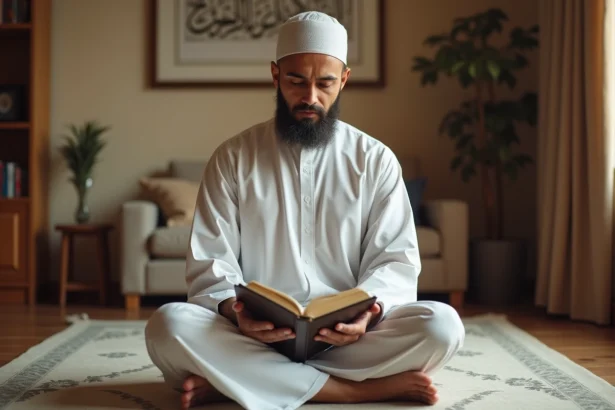 Homme tenant un Coran ouvert assis sur un tapis de prière lors d'une session de dhikr et d'invocations islamiques