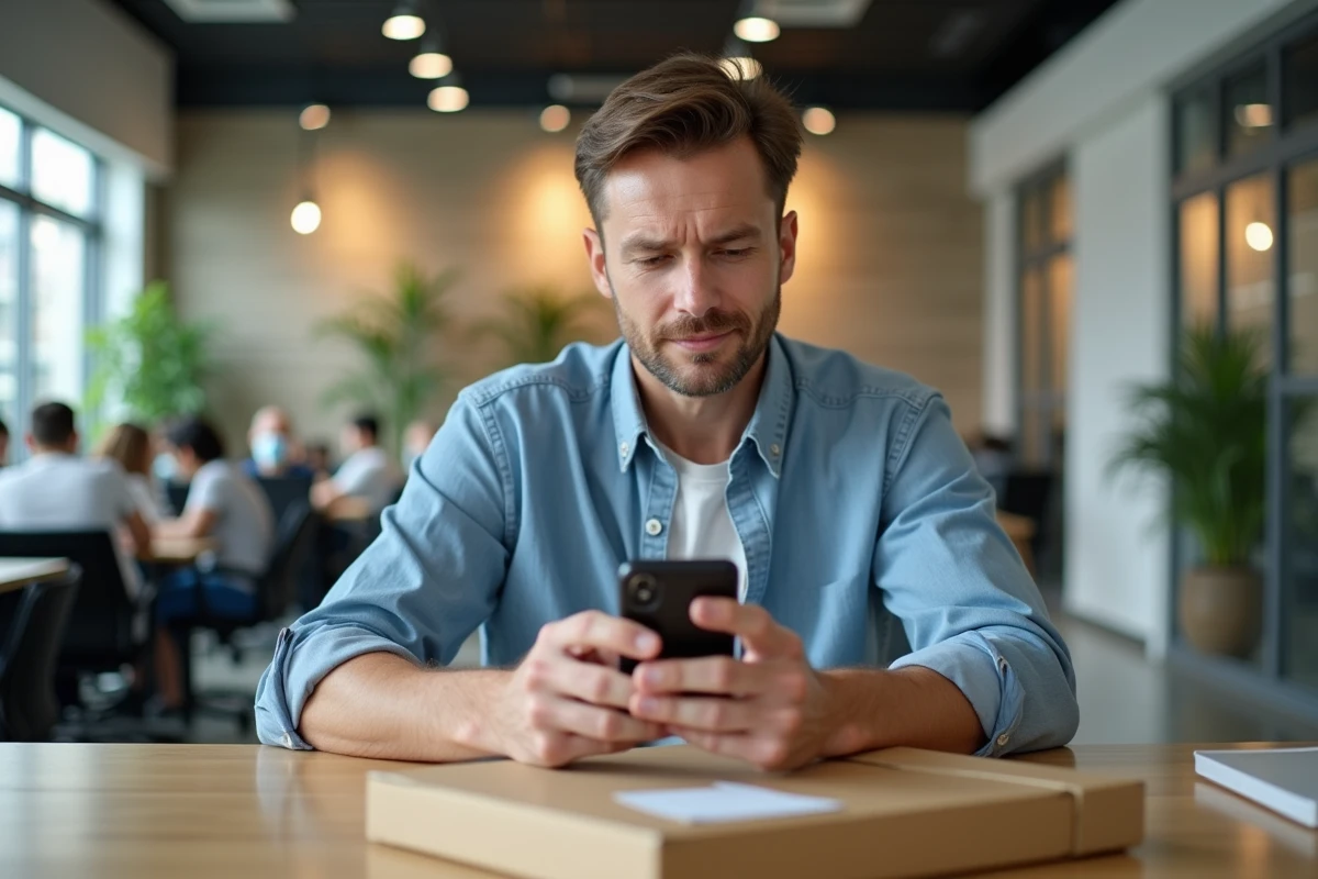 Homme d affaires vérifiant une étiquette d expédition