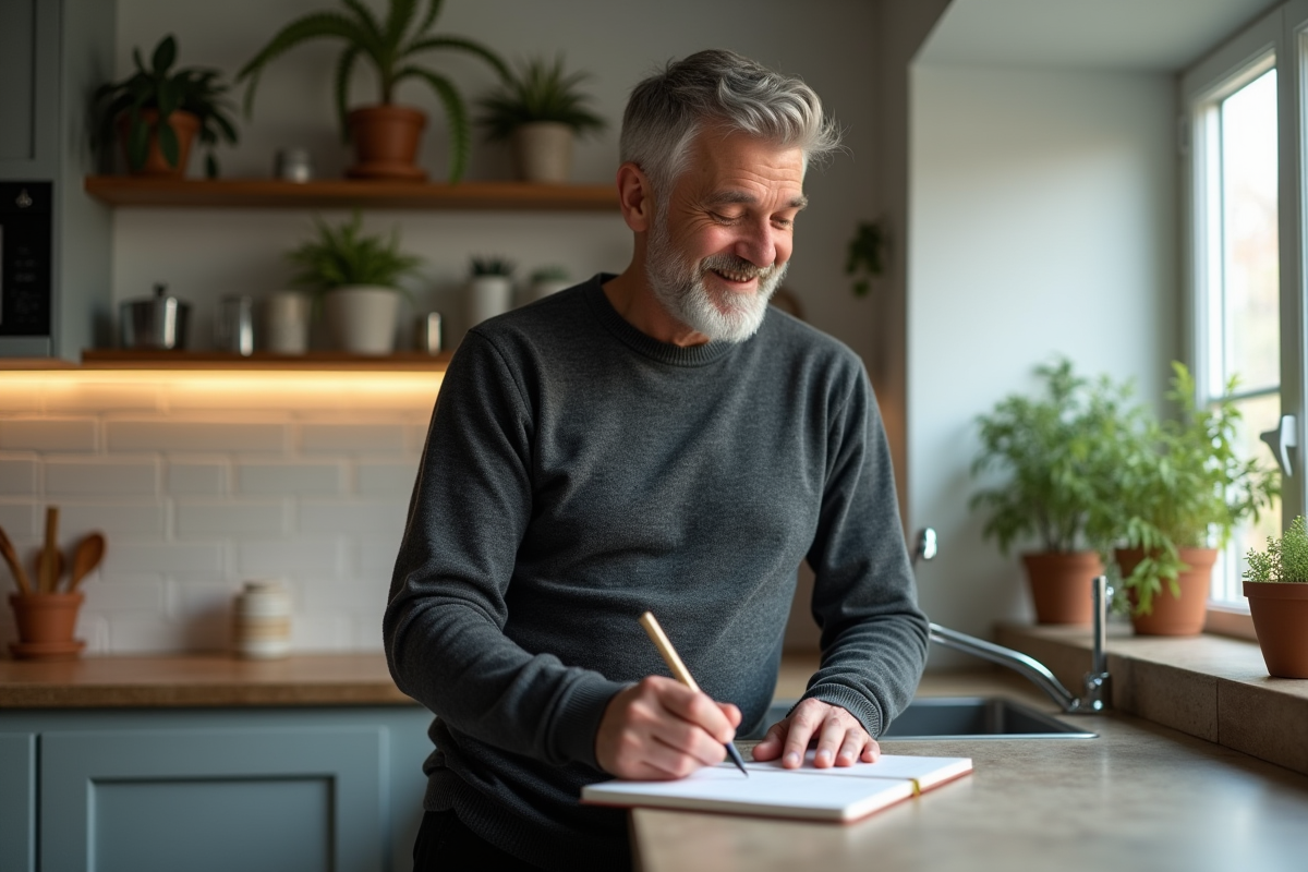 Homme écrivant des notes de gratitude dans sa cuisine
