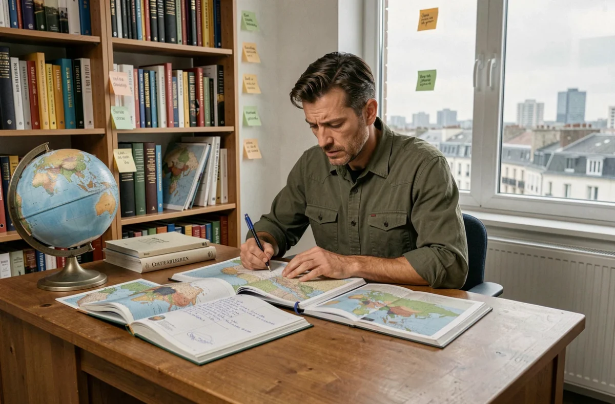 Homme étudiant la géographie avec des manuels et des notes sur les capitales dans un bureau à domicile