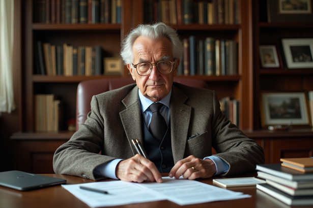 Homme français âgé en tweed dans un bureau élégant