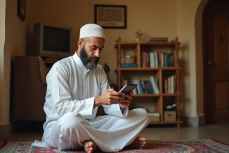 Homme consultant les horaires de prières sur smartphone assis sur un tapis de prière à Douai