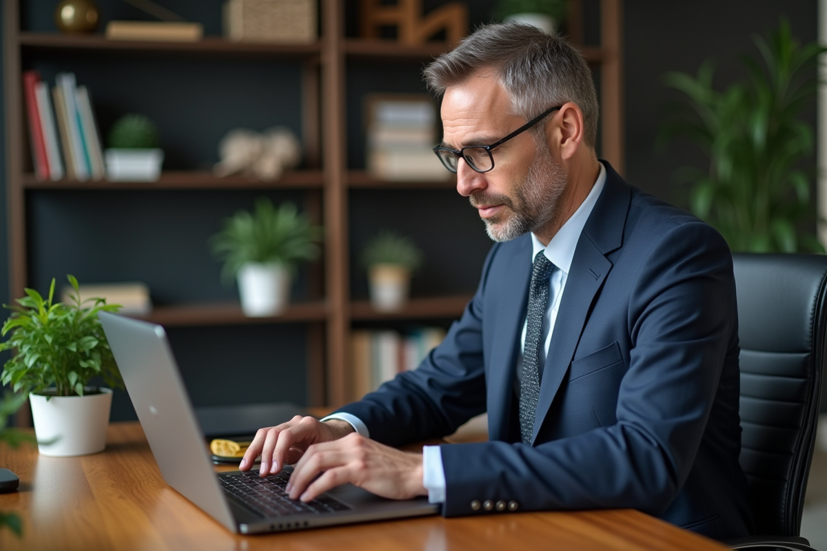 Homme d affaires en costume bleu analysant des graphiques d investissement
