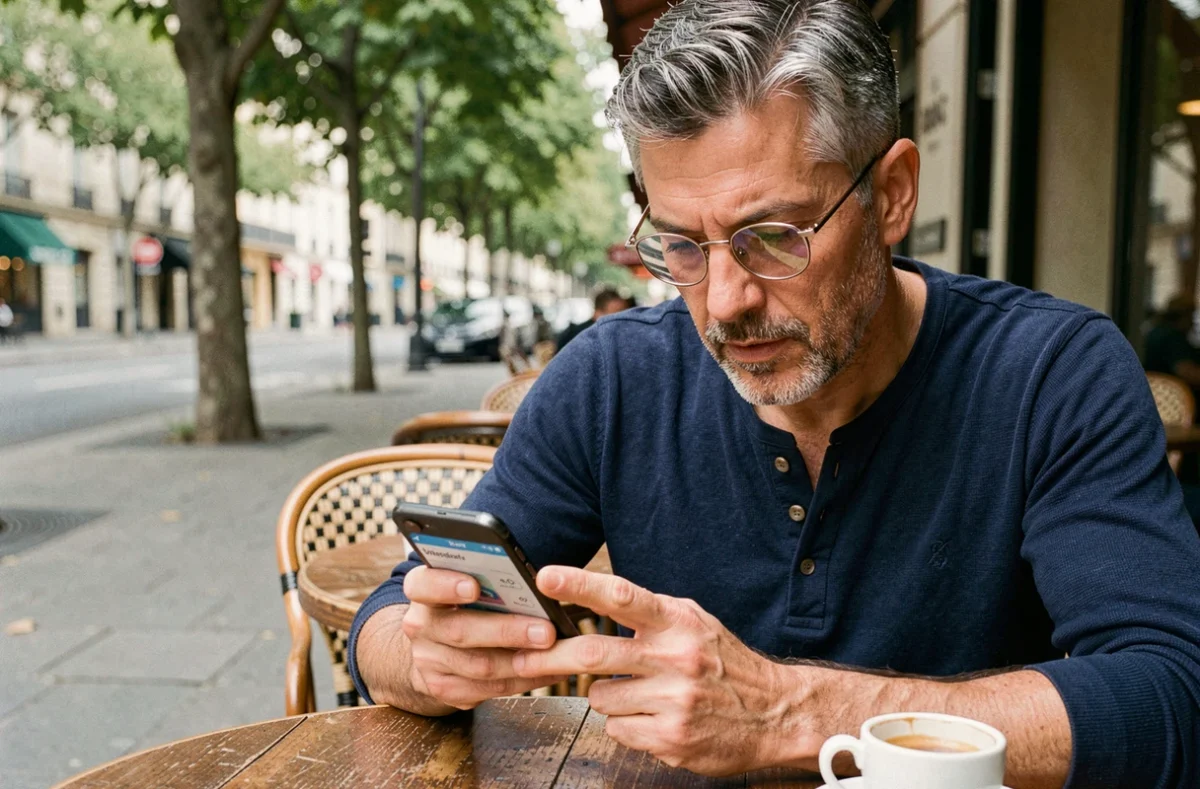 Homme d'âge mûr jouant à une application de jeu sémantique sur mobile dans un café parisien