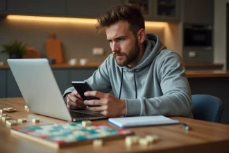 Jeune homme en casual jouant aux Scrabble à la maison