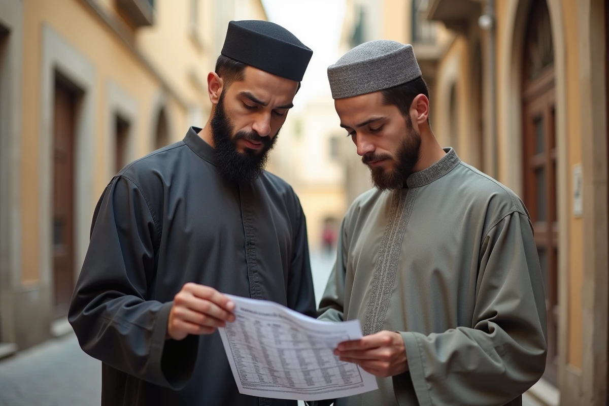 Homme musulman et adolescent regardant un calendrier de prières à Béziers