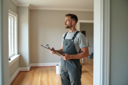 Homme en overalls examine une salle rénovée avec un clipboard