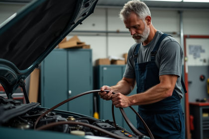 Homme en overalls retire une courroie usée du moteur