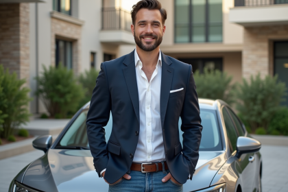 Homme élégant avec voiture dans un quartier résidentiel
