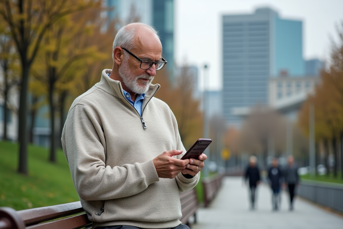 Homme senior utilise smartphone dans un parc urbain