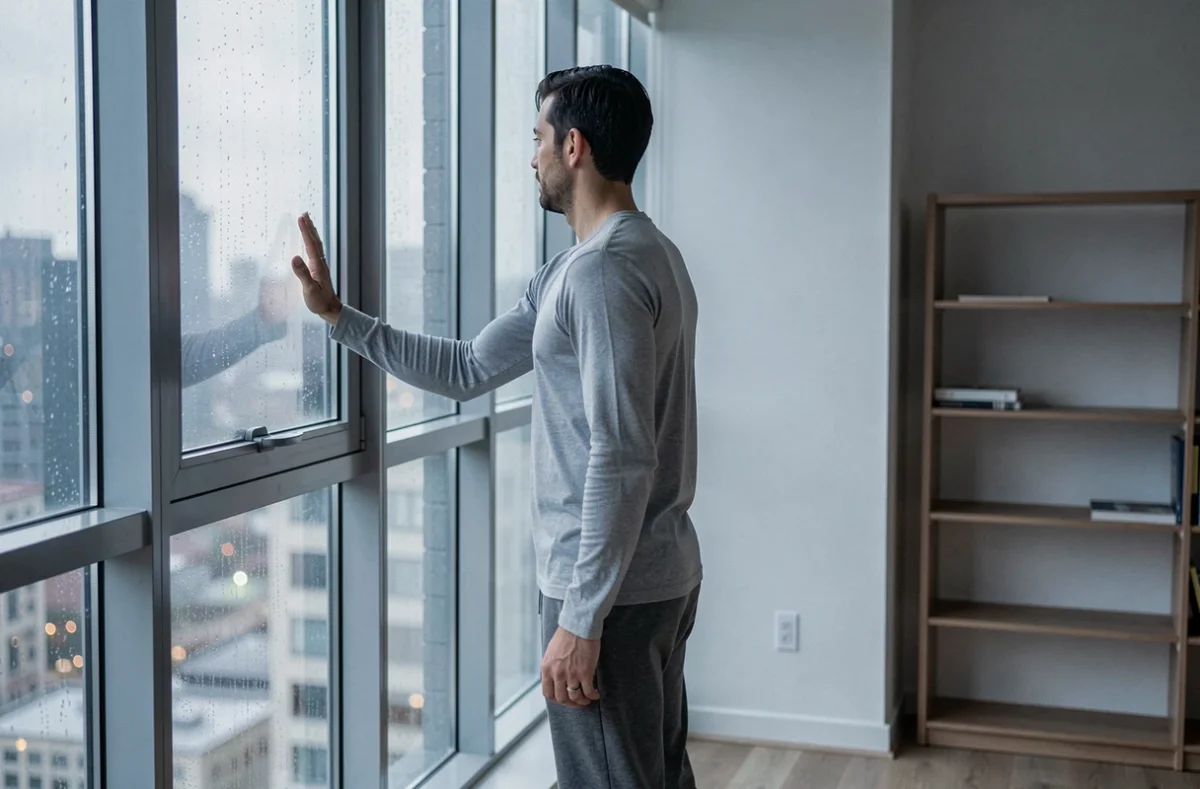 Homme seul debout devant une fenêtre pluvieuse dans un appartement minimaliste, contemplant le paysage urbain gris