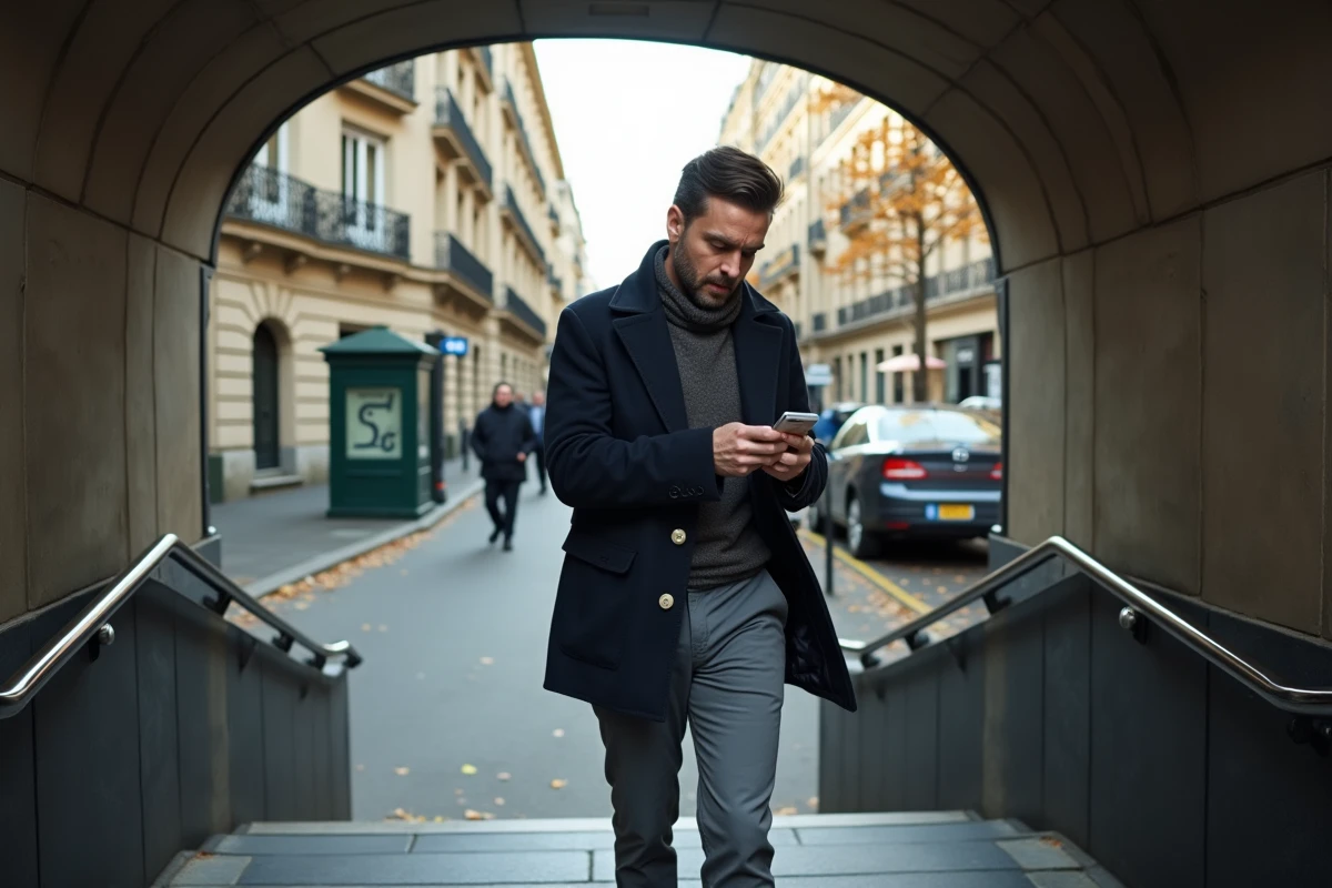 Homme sortant d'une bouche de métro ligne 6 à Paris en consultant son téléphone pour choisir la bonne sortie