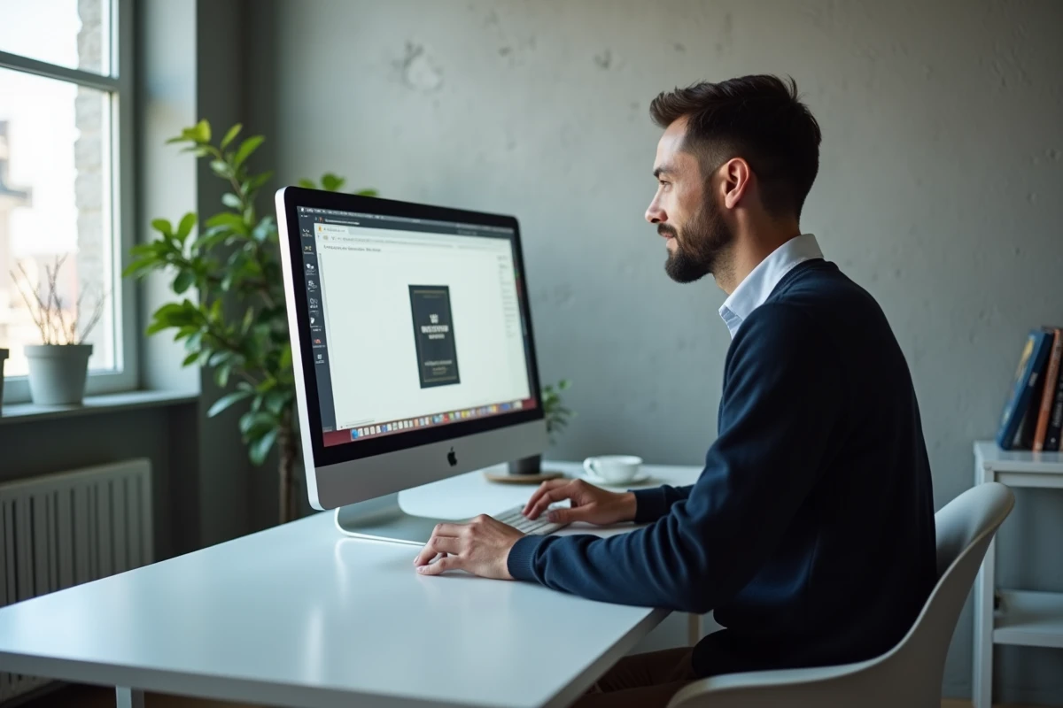 Homme téléchargeant un fichier de livre sur une plateforme d'autoédition KDP depuis son bureau moderne