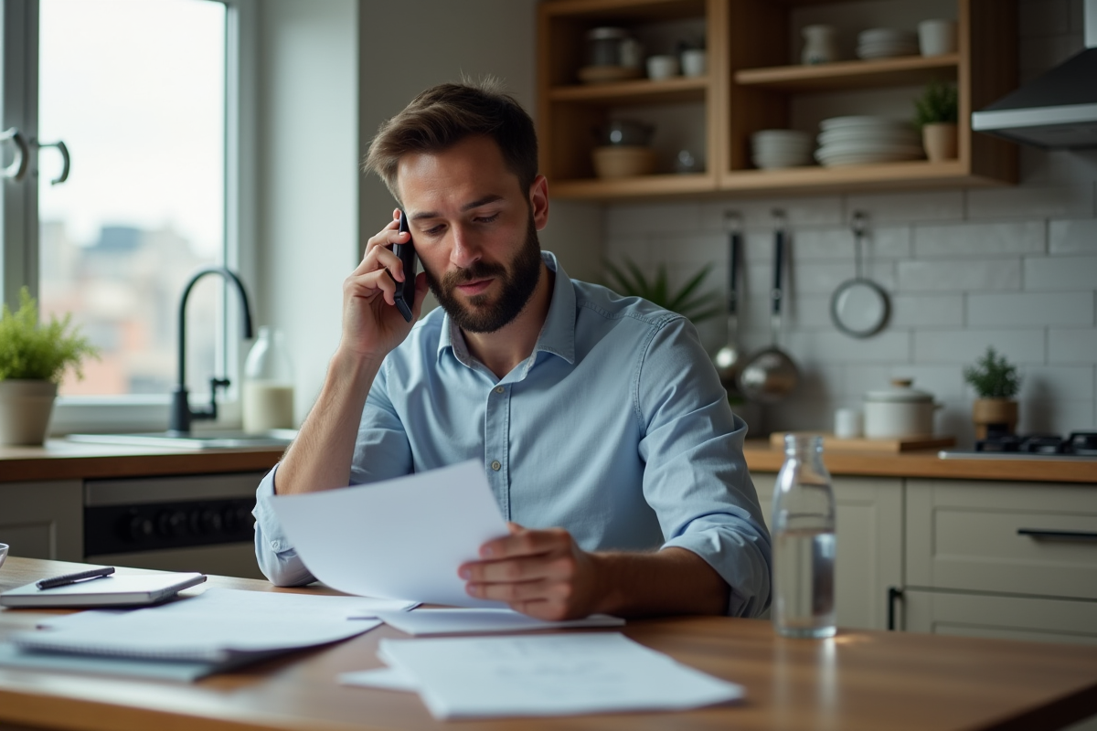 Homme détendu travaillant à la maison dans sa cuisine