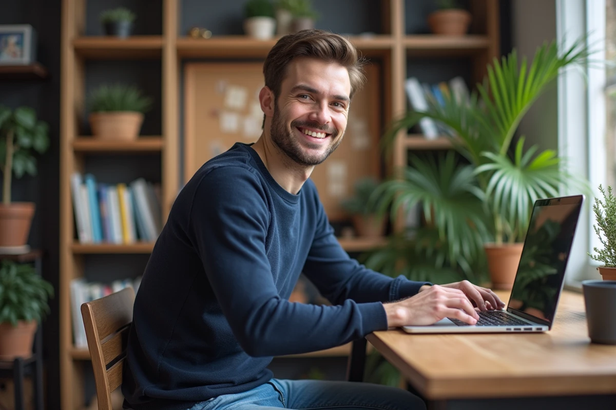 Homme souriant travaillant sur un ordinateur dans un appartement parisien