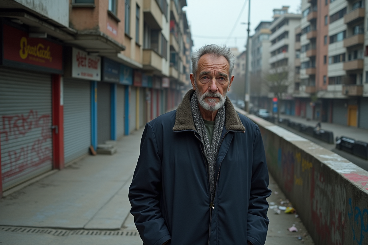 Homme d'âge moyen sur un pont urbain graffité