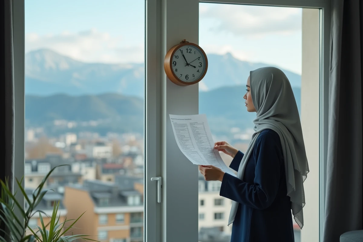 Femme musulmane consultant le planning des heures de prière du ramadan 2026 près d'une fenêtre avec vue sur Grenoble