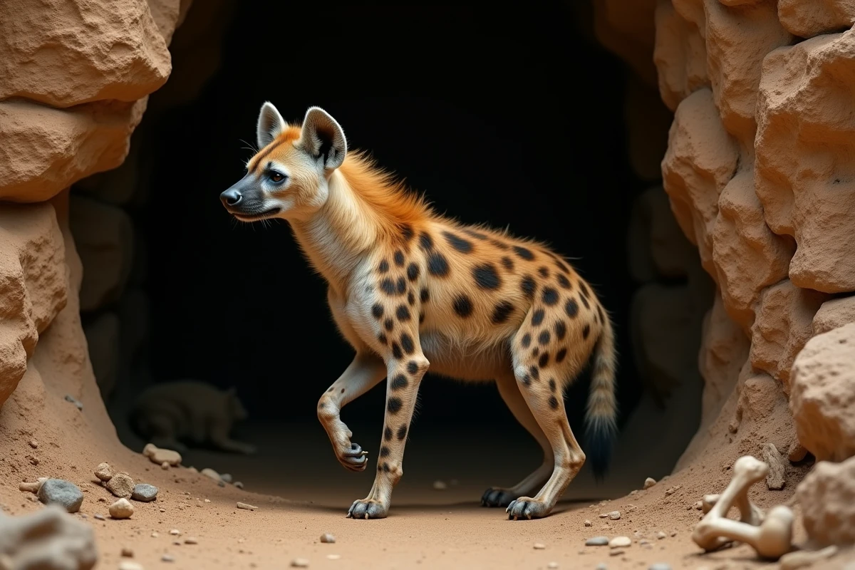 Hyène dans une grotte rocheuse sombre adoptant une posture maladroite et comique, os au sol, ambiance documentaire animalier