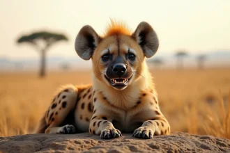 Hyène tachetée au repos sur un rocher de savane africaine, bouche ouverte avec expression comique, paysage sec en arrière-plan