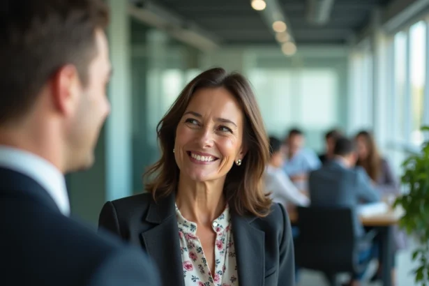 Femme en bureau souriant faussement à un collègue, illustration du comportement hypocrite au travail