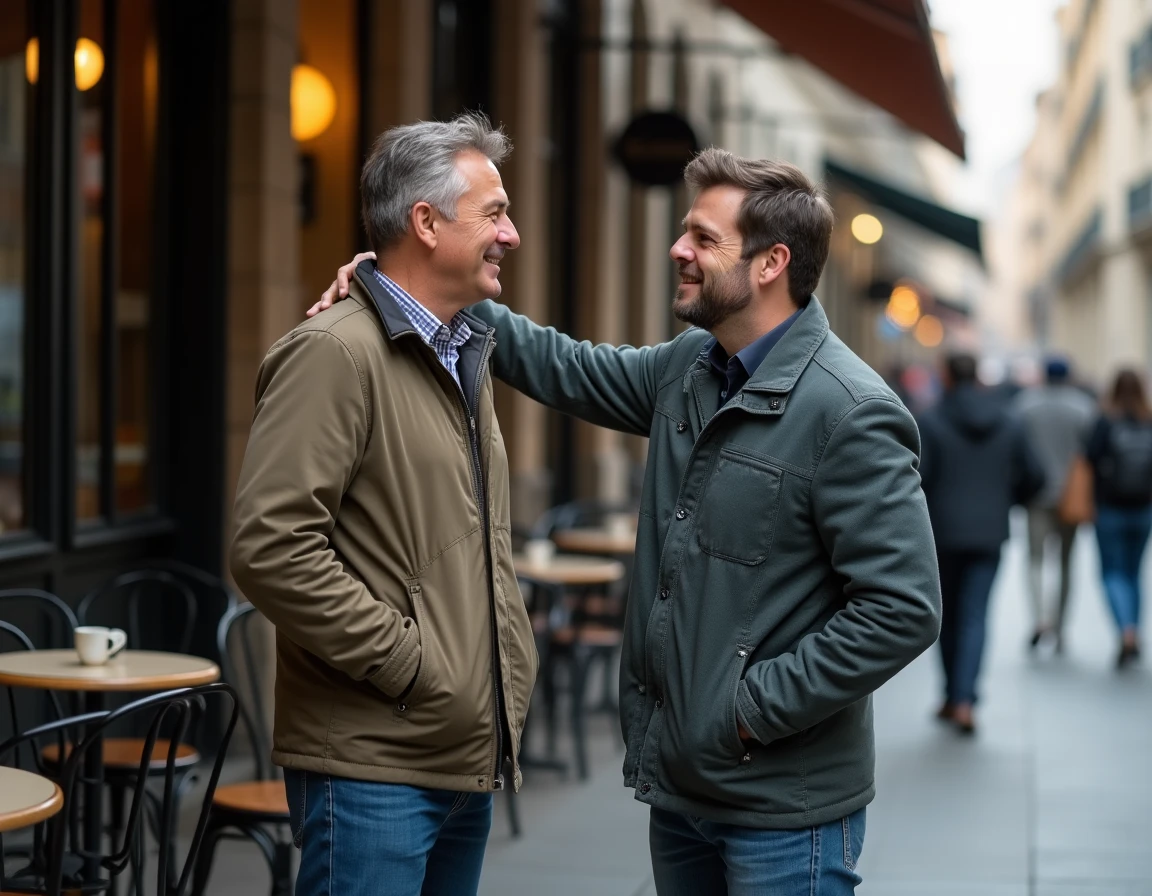 Deux hommes devant un café, l'un faisant semblant d'être ami avec l'autre, scène illustrant l'hypocrisie dans la vie quotidienne