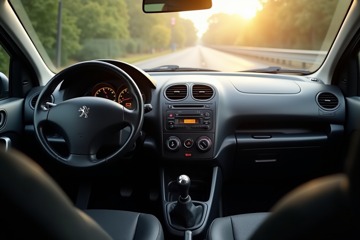 Intérieur Peugeot 206 vue du conducteur avec tableau de bord