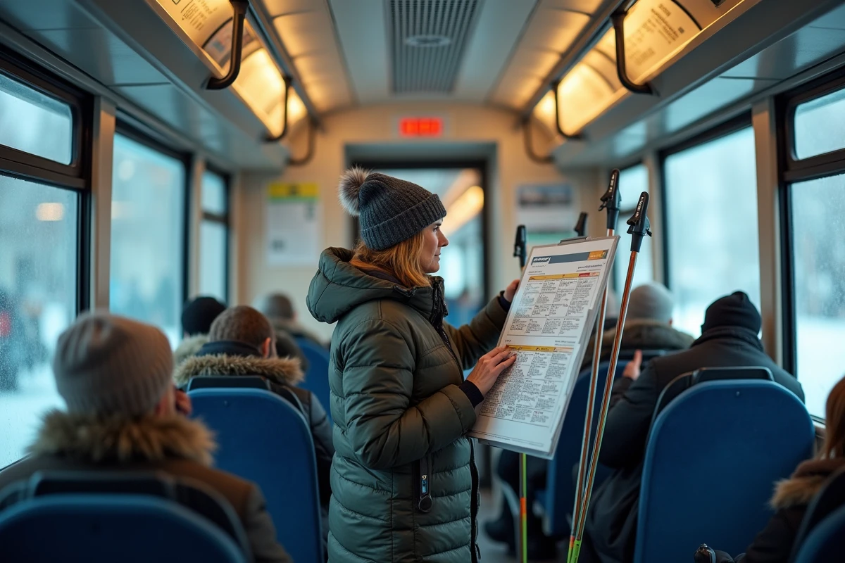 Femme consultant le plan de ligne du tram à Grenoble avec des skis, intérieur de tramway en hiver