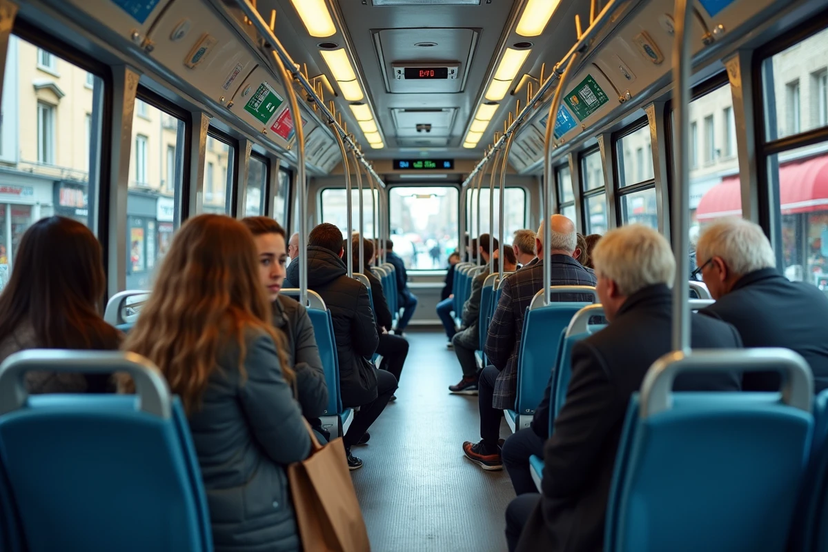Intérieur du tramway ligne 2 de Nantes avec passagers se rendant aux commerces et aux facs