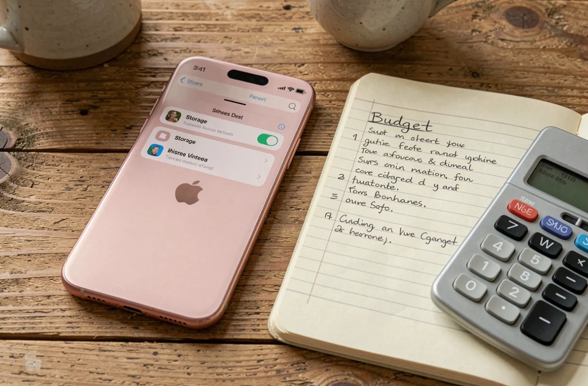 iPhone 15 reconditionné rose posé sur une table avec un carnet de budget et une calculatrice pour choisir la bonne capacité